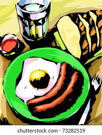 There are two sausages with fried egg, the fresh bread and the glass of milk (or a water) on the green plate.