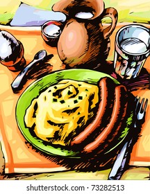 There are two sausages, some potato mash on the green plate. The jug of a milk and the boiled egg are on a table too.