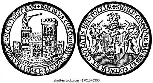 There are two seals representing the city of Bristol, England, one has castle and another has one shield with two standing horses, they have single horn on their heads, vintage line drawing.