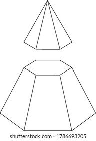 There are two shapes one is an hexagonal cone and second hexagonal cone is cut at the upper side which is looking like a lamp, vintage line drawing or engraving illustration.