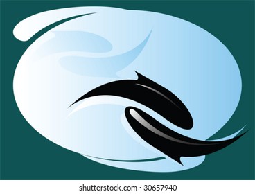 There are two silhouettes of playing dolphins on a blue background
