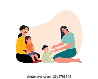 there are two sisters, they already have children, one is a girl and the other is a boy, they are playing together.
design, vector, illustration