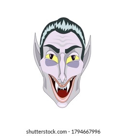 There is Vampire's face on white isolated background, vector stock illustration in Cartoon design style for prints, stickers, elements of decor for walls or websites, also icons for Halloween topic.
