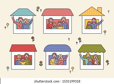 There are various family members in each window. Various house shapes. flat design style minimal vector illustration.