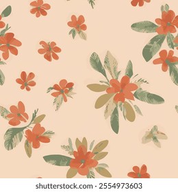 there are various floral patterns on a light beige background. the flowers are in shades of orange and red and surrounded by green leaves.