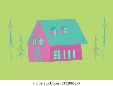 Hay una casa rosa dibujada por un vector. El color verde se utiliza en el fondo. Se dibujan pinos verdes.