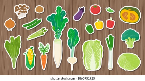 There are a lot of vegetables on the board.Seal type design.Vector art that is easy to edit.