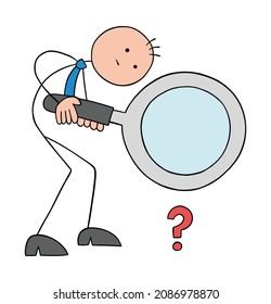 There is a very minor problem and the stickman businessman examines the tiny question mark with a magnifying glass. Hand drawn outline cartoon vector illustration.