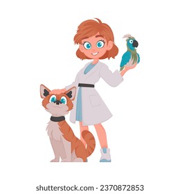 There is a veterinarian girl who is funny and cute, and she is always with animals. Vector Illustration.