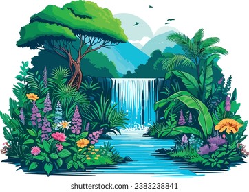 there is a waterfall in the middle of the jungle