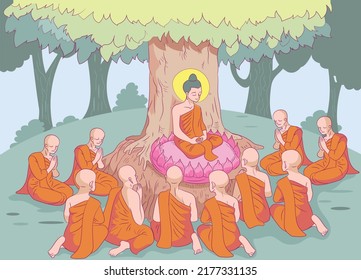 There were many monks listening to the Buddha under the tree.