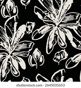There are white floral designs on a black background. The flowers are drawn in a stylized manner; some in bloom, some in bud