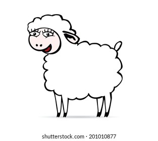 There is a white smiling sheep with big eyes to say b-a-a.