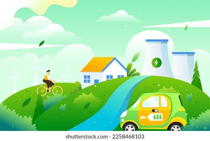 Hay energía eólica y generación de energía fotovoltaica en las montañas distantes, con picos y plantas en el fondo, ilustración vectorial