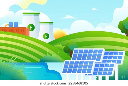 Hay energía eólica y generación de energía fotovoltaica en las montañas distantes, con picos y plantas en el fondo, ilustración vectorial