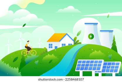 There are wind power and photovoltaic power generation in the distant mountains, with peaks and plants in the background, vector illustration