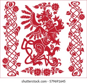 There is a winged lion in the Celtic tradition of framed ornamental flowers and leaves