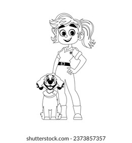 There is a woman who is extremely happy and has a strong love for animals. She has an adorable dog. Childrens coloring page.