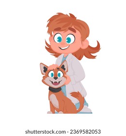 There is a woman who looks after animals and works as their doctor. She is very happy. She has a cute cat. Vector Illustration.