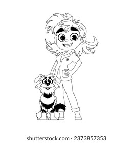 There is a woman who is very happy and loves animals. She has a really cute dog. Childrens coloring page.