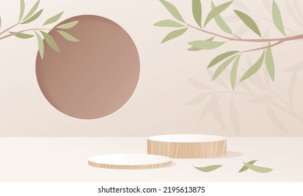 There is a wooden stage in a bright and calm brown space. There is an olive tree branch at the top. flat design style vector illustration.