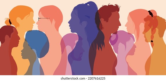 There are young people talking in this area. Collared flat cartoon profiles. An exchange of thoughts between students. Contour line and Talking crowd. Vector