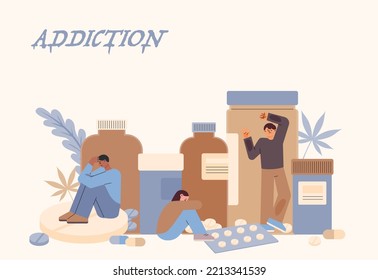 There's A Big Box Of Drugs And People Are Squatting On The Floor. A Man Is Stuck In A Medicine Cabinet. Flat Vector Illustration.