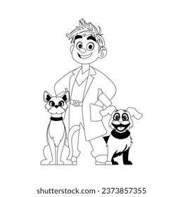 There's a funny and cute guy who works as a veterinarian and is always around animals. Childrens coloring page.