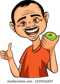 There's a middle-aged man standing there. He's eating an apple. A smile of good dental health. The concept of healthy teeth is a portrait of an energetic person. Vector illustration isolated white bac