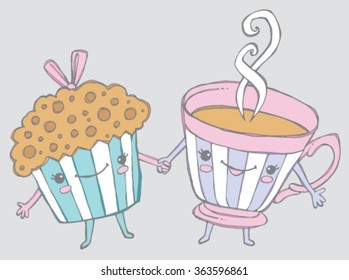 There's muffin I wouldn't do for you! Cartoon muffin holding hands with a cup of tea. Vector Illustration. 