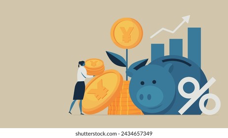 There's a piggy bank, a bud of yen coins, and a percent sign. There are women around me who carry money.