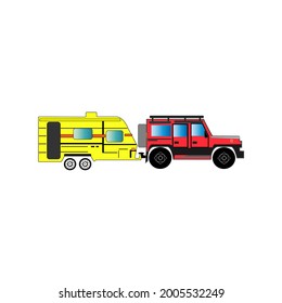 Hay un coche rojo tirando de un remolque del campamento