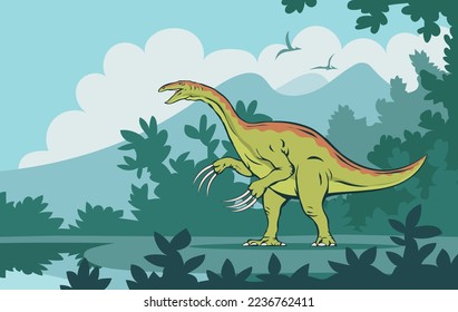 Therizinosaurus with claws. Background of ancient forest. Extinct lizard dinosaur from the Jurassic period. Vector colorful art illustration