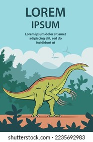 Therizinosaurus with claws on the background ancient forest. A strong dinosaur with spikes on its tail. Extinct lizard Jurassic period. Cartoon vector art illustration poster. Hand drawn outline