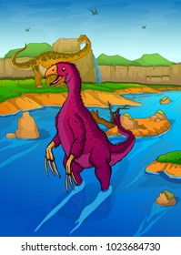 Therizinosaurus on the river background 