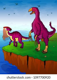 Therizinosaurus and parasaurolophus on the background of the sea