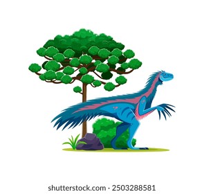 Therizinosaurus prehistoric dinosaur at Late Cretaceous era landscape. Isolated cartoon vector feathered herbivore dino character resembling a huge bird with long legs and neck stands under large tree