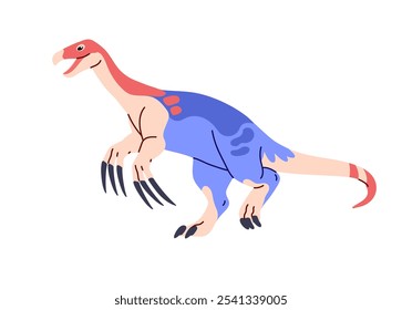 Therizinosaurus run. Carnivorous dinosaur with claws. Dangerous dino with patterned skin. Ancient reptile, wild animal of Jurassic era. Paleontology. Flat isolated vector illustration on white