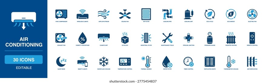 Thermal Air Conditioning Solid Icon Set mapping cold snowflake cooling, exact thermostat, quick electric fan, loud exhaust fan, and gentle airflow stream for precise secure internal climate control rooms.