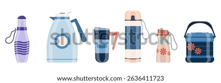 Thermal bottle with stainless vacuum flask cup and glass container tea coffee drink set with handle for cafe background design flat metal insulated cover friendly portable bring