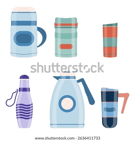 Thermal bottle with stainless vacuum flask cup and glass container tea coffee drink set with handle for cafe background design flat metal insulated cover friendly portable bring
