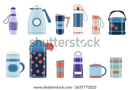 Thermal bottle with stainless vacuum flask cup and glass container tea coffee drink set with handle for cafe background design flat metal insulated cover friendly portable bring