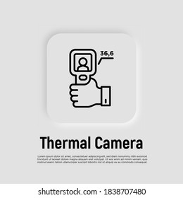 Cámara térmica en el icono de la línea delgada de la mano. Escaneo de temperatura, detección de fiebre o covid-19.  Ilustración vectorial.