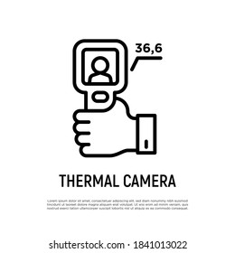 Thermal Camera In Hand Thin Line Icon. Scanning Of Temperature, Detection Of Fever Or Covid-19.  Vector Illustration.