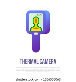 Thermal camera. Scan people's temperature. Detection of covid-19.  Measurement of fever. Thin line icon, vector illustration.