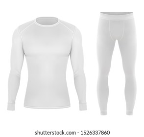 Thermal cloth for winter. Pants and shirt for warm clothing. Realistic white apparel or ski 3d sportswear. Empty and blank sweater closeup or mockup. Man or men underwear. Waterproof fabric