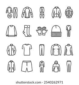Thermal clothes black line icons set. Thermo clothing. Editable stroke