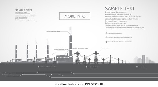 Thermal coal power plant, with electric pylons, power supply to the city, infographics.