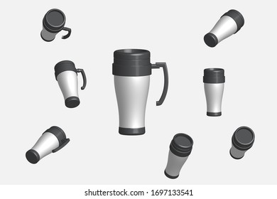 Thermal Coffe Mug Set Vector Illustration, 3D Rendering
