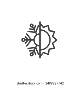 Thermal and cold resistant line icon. Snowflake and sun linear style sign for mobile concept and web design. Heat and frost insulation outline vector icon. Symbol, logo illustration. Vector graphics